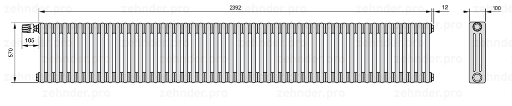 Схема (чертеж) Радиатор Zehnder Charleston 3057/52 №V011 Белый глянцевый RAL 9016
